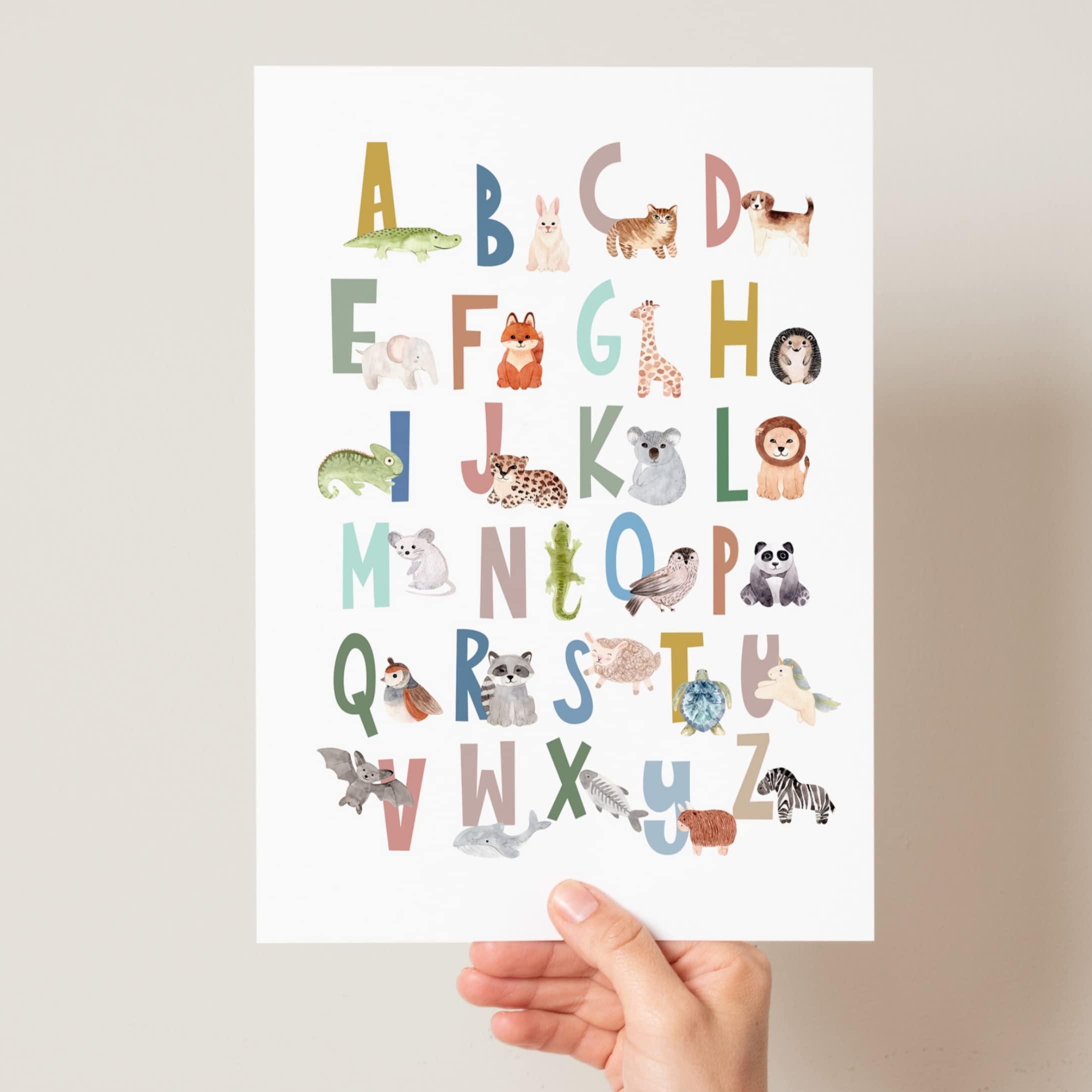 Scandi Animal Alphabet, Children's Educational Print, Boho Animal Alphabet Poster, Peg Animal Alphabet, Woodland Safari Animal Alphabet (A3, Multi)