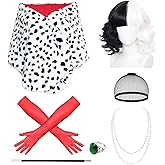 Wildox 7 Pcs Women Halloween Costume Props,Include Dalmatian Shawl Scarf,Black and White Wig,Red Gloves,Pearl Necklace,Plastic Holder, Emerald ring props for Adult Cosplay