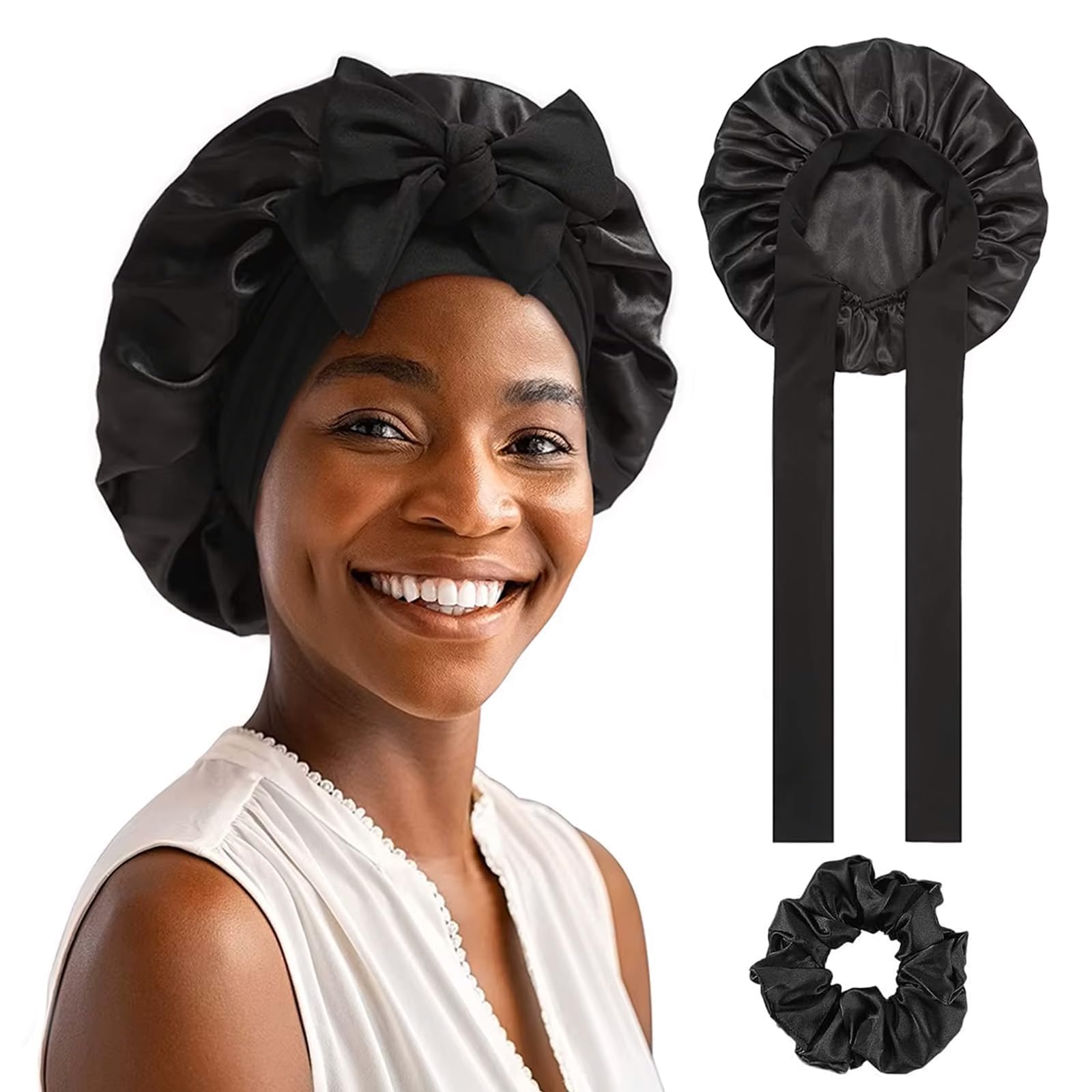 LIYANHU Silk Hair Bonnet for Sleeping with Hair Bobbles, Silk Bonnets for Women with Elastic Band, Hair Care Head Cover Hat for Women Girls Long, Straight, Curly Hair