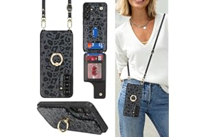 Lipvina for Samsung Galaxy S24 Plus Case with Card Holder and Strap for Women,Crossbody Lanyard,Ring Stand,Snap Clasp,Cute Phone Wallet Cases 6.7 inch(Black Leopard)