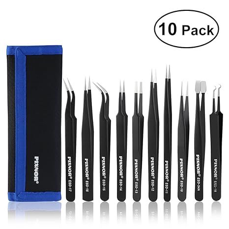 PIXNOR 10pcs Pinzette Precision ESD Antistatische Edelstahl Pinzette Kit mit Tasche für Elektronik, Schmuckherstellung, Labor