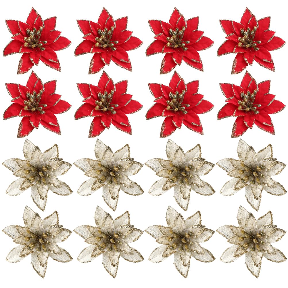 STOBOK 24Pcs Glitter Artificial Silk Poinsettia Flowers Christmas Tree Ornaments Xmas Wreaths Garland Decorations for Christmas Tree New Year Ornaments (Red+ Golden)