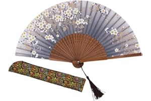 Amajiji Charming Elegant Modern Woman Handmade Bamboo Silk 8.27" (21cm) Folding Pocket Purse Hand Fan, Collapsible Transparent Holding Painted Fan with Silk Pouches/Wrapping. (CZT-06)