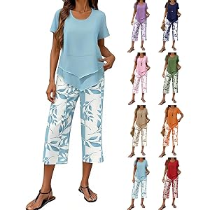 eoeioa 2 Piece Capri Sets for Women Short Sleeve Crewneck Tunic Top Cropped Leaf Print Pants Lounge Beach Vacation Outfits