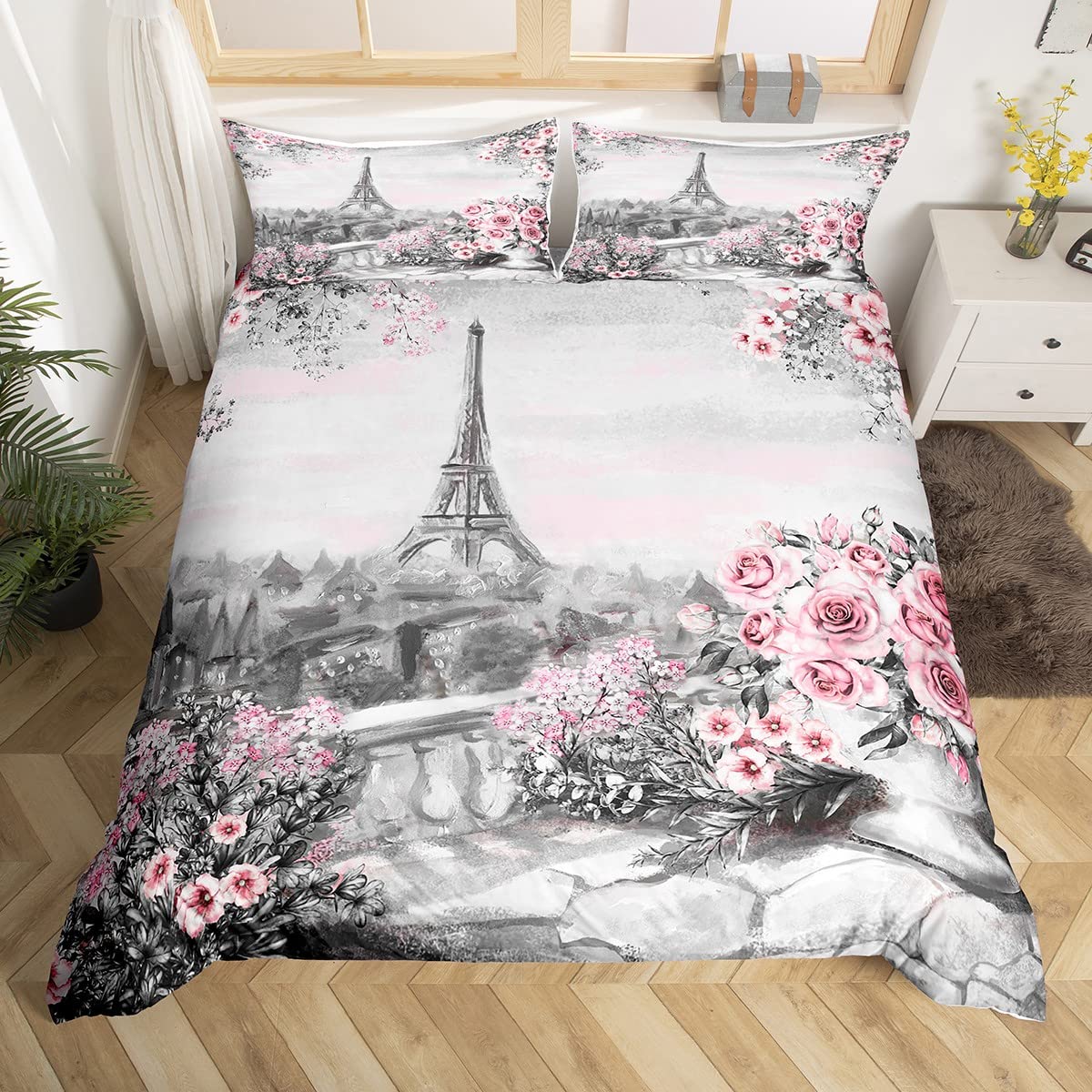 richhome Eiffel Tower Kids Duvet Cover Set Double Size,Paris Famous Urban Architecture Bedding Set,Teens Adults Room Decor,Pink Roses Flowers Romantic Comforter Cover,Retro Quilt Cover,2 Pillowcases