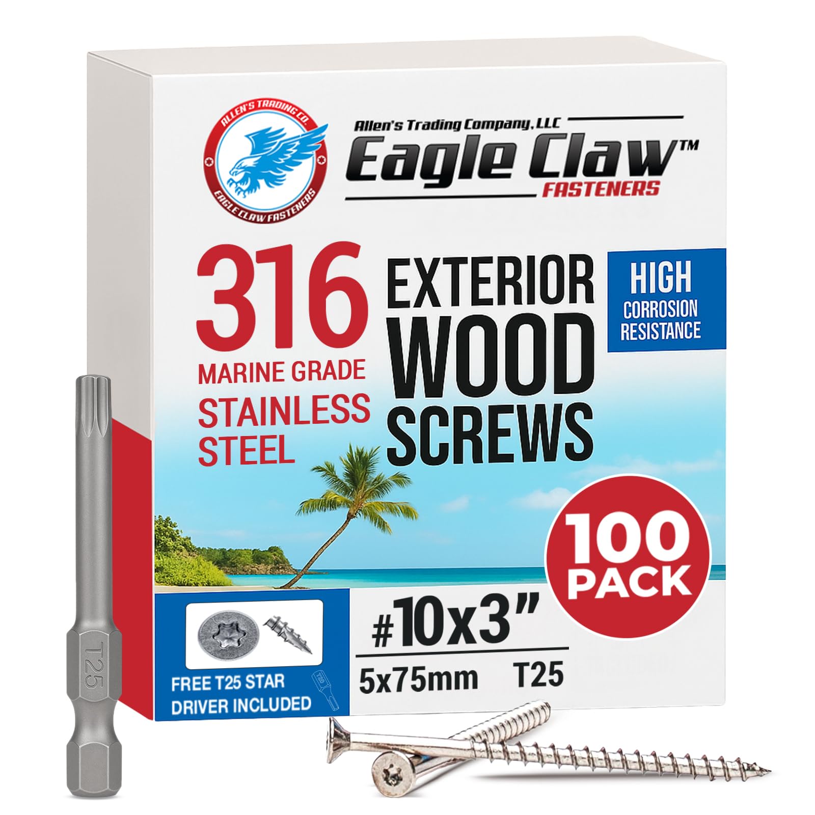Allen's Trading Co. #10 x 3 Inch 316 Stainless Steel Screws Marine Grade (100 Pack, T25 Star) | Stainless Steel Wood Screws w/Driver Bit | High Corrosion Resistance for Coastal Construction