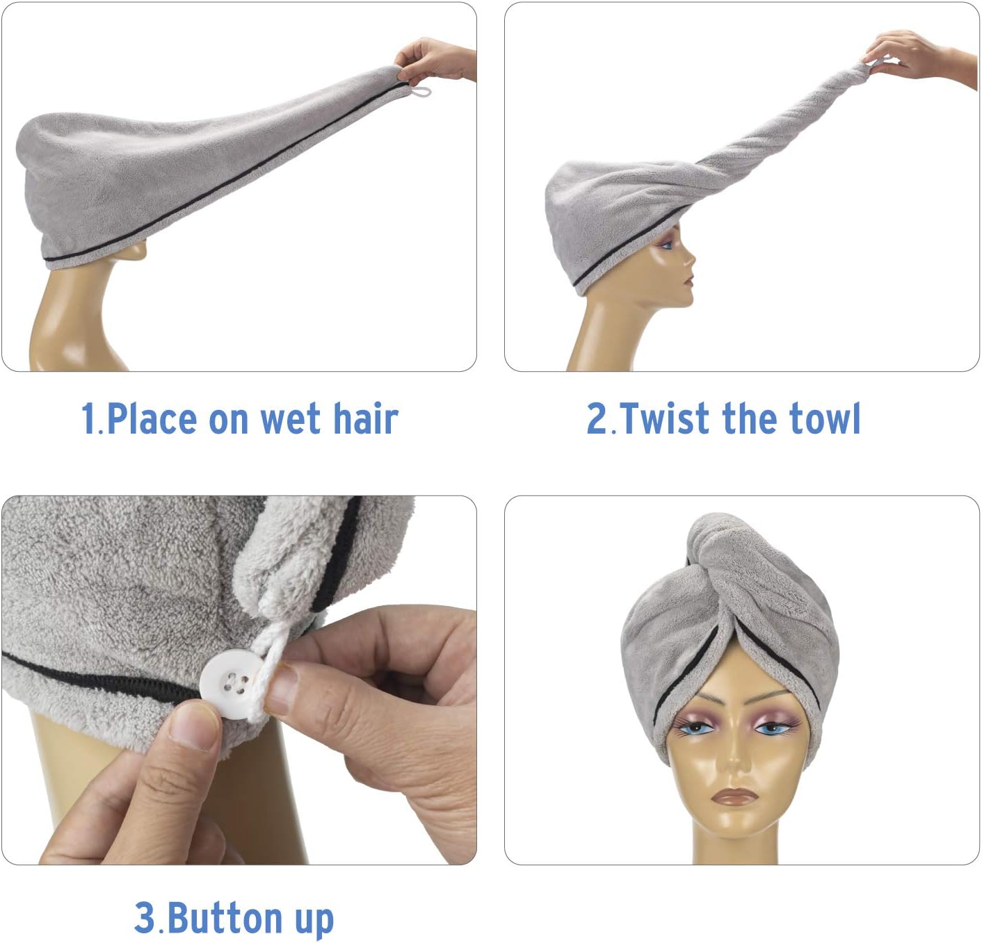 AmazerBath 3-Pack Hair Towel, Microfiber Hair Towel Wrap Rapid Drying Hair Towels for Women, Magic Hair Drying Towel, Super Absorbent Hair Towel Hat (Blue, Purple, Gray): Home & Kitchen