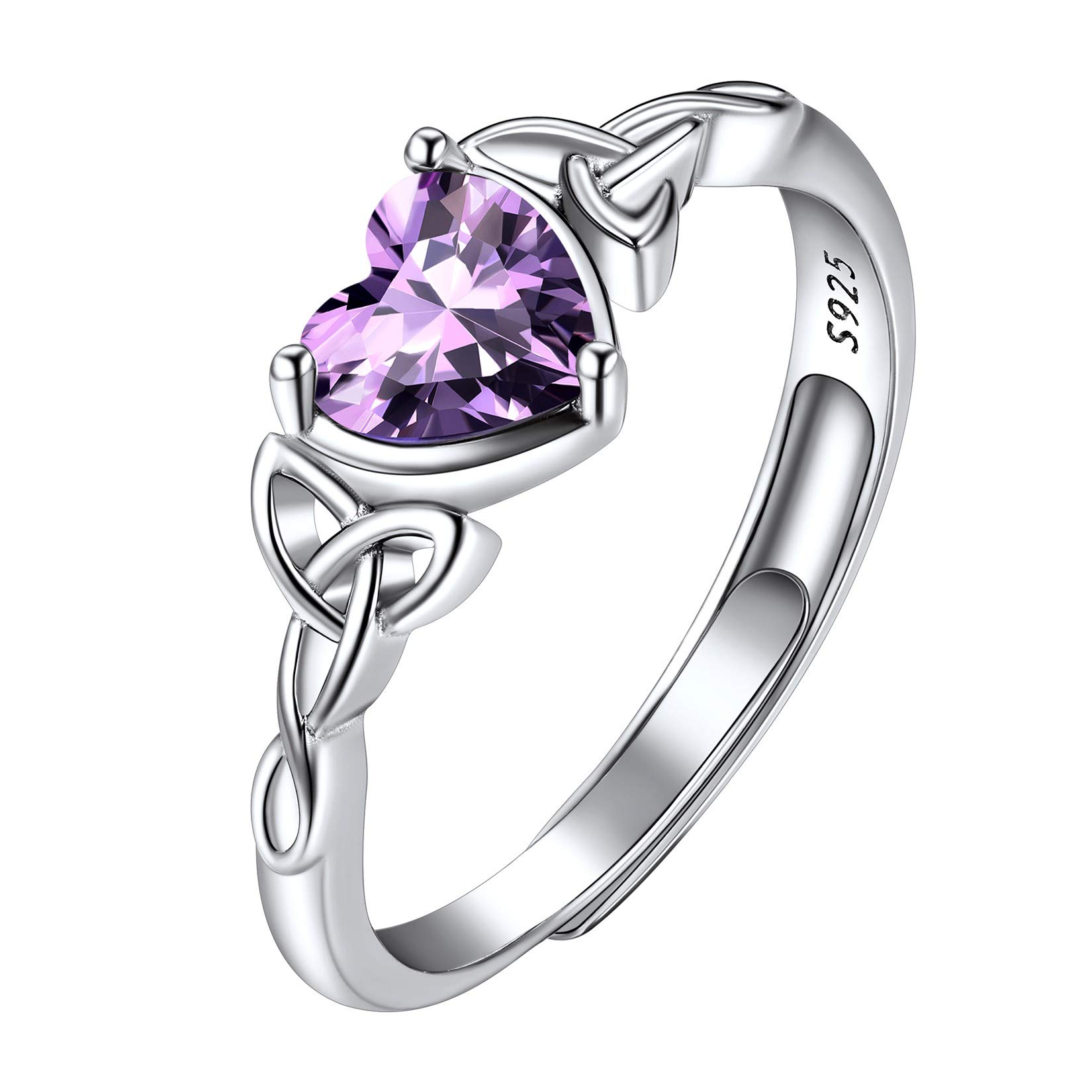 Suplight 925 Sterling Silver Rings February Birthstone Jewellery Amethyst Heart Shaped Adjustable Celtic Knot Solitaire Promise Engagement Ring for Women