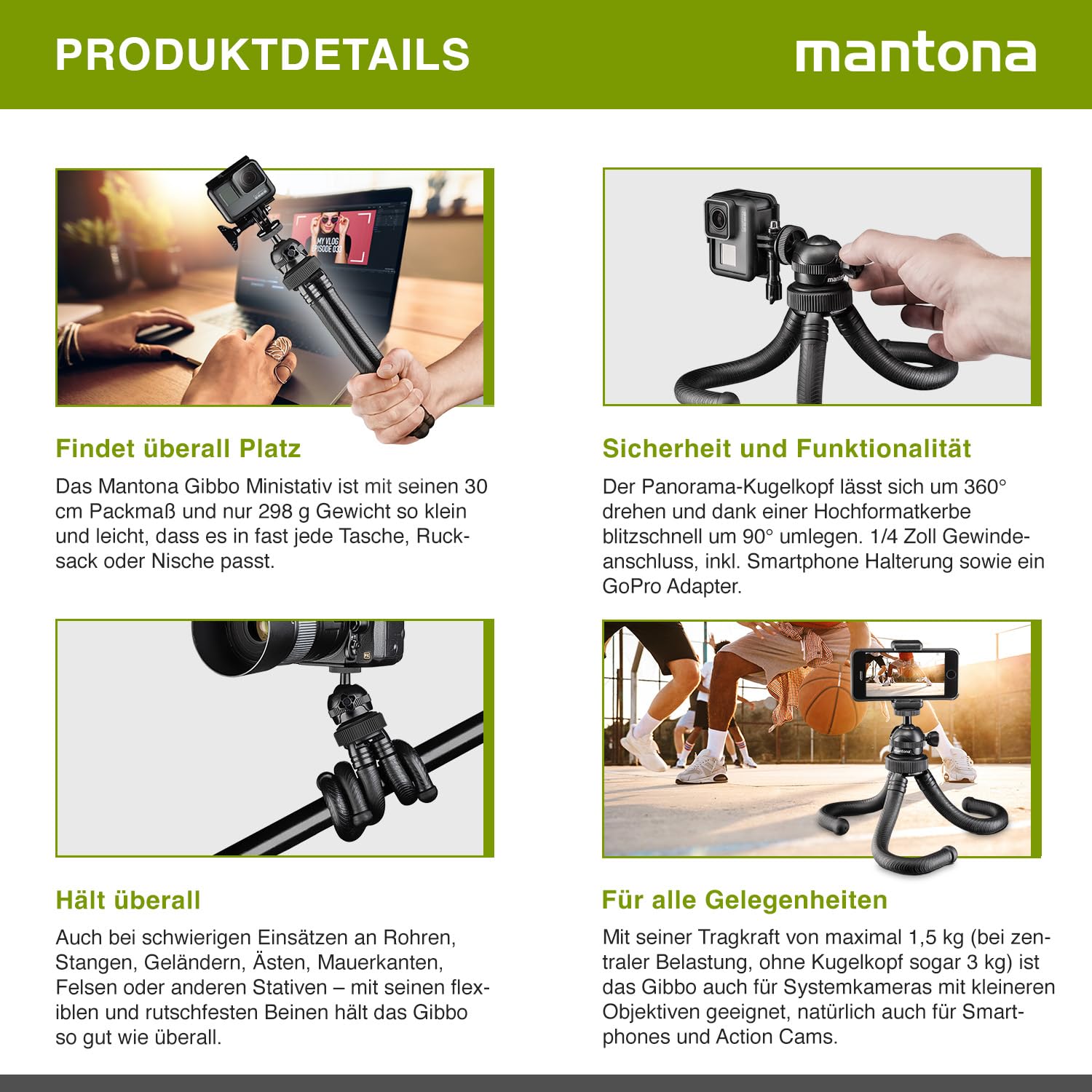 Mantona Gibbo Flex Ministativ 30 cm, Kamera Stativ mit flexiblen Beinen, Dreibein Reisestativ mit 360° Kugelkopf, Smartphonehalterung und Halterung kompatibel mit GoPro 3