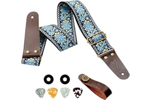 MUSILY Guitar Strap, Vintage Embroidery Cotton with Extended Leather Ends for Acoustic Guitar, Electric Guitar & Bass! Feel the Comfort & Express Your Artistic Style! (Arabesque Ocean Blue)
