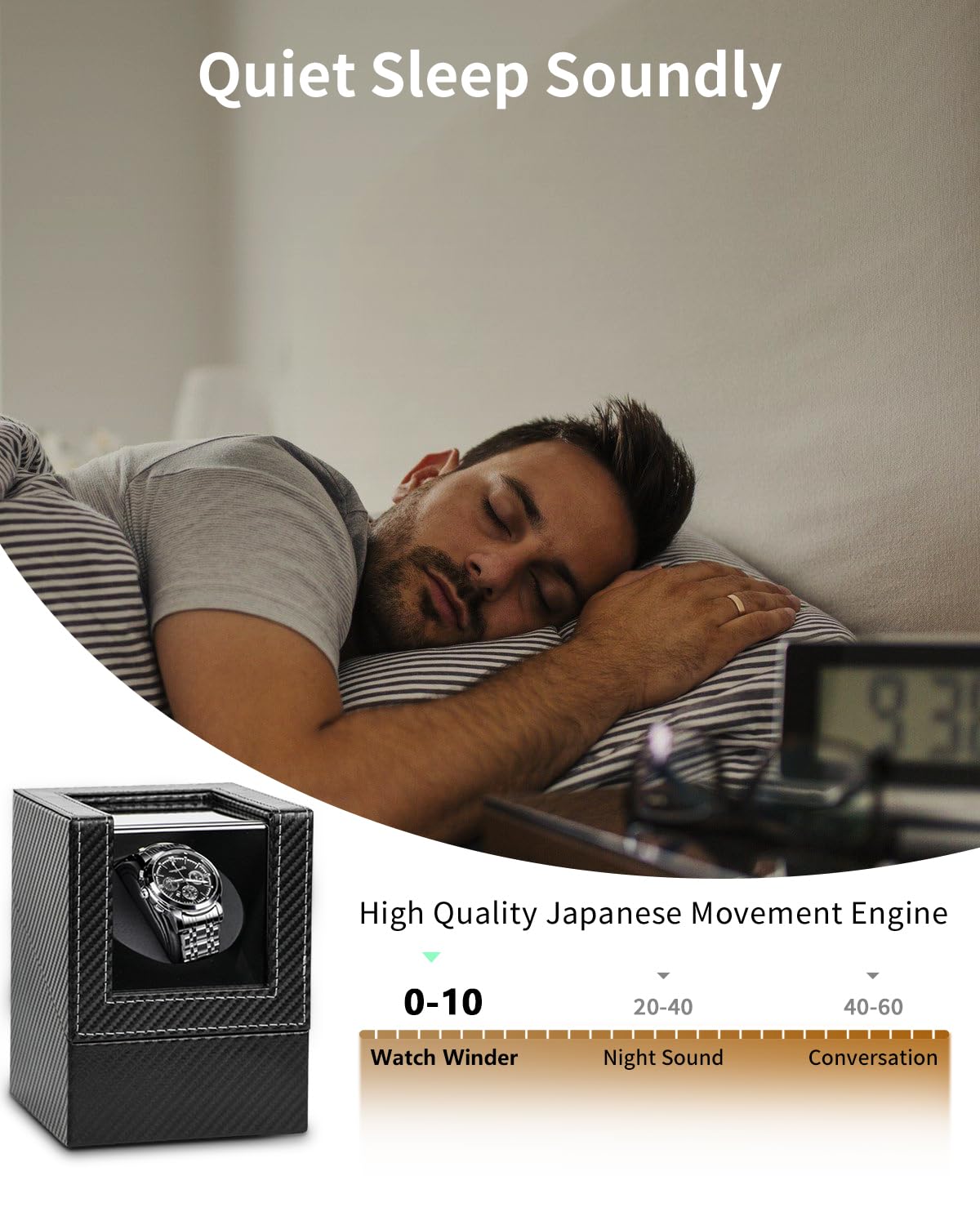 Watch Winder for Automatic Watches: Automatic Single Watch Winder Box, Rotating Watch Case in Black Carbon Fiber Leather, Watch Rotator with Japanese Quiet Motor, Battery Powered or AC Adapter