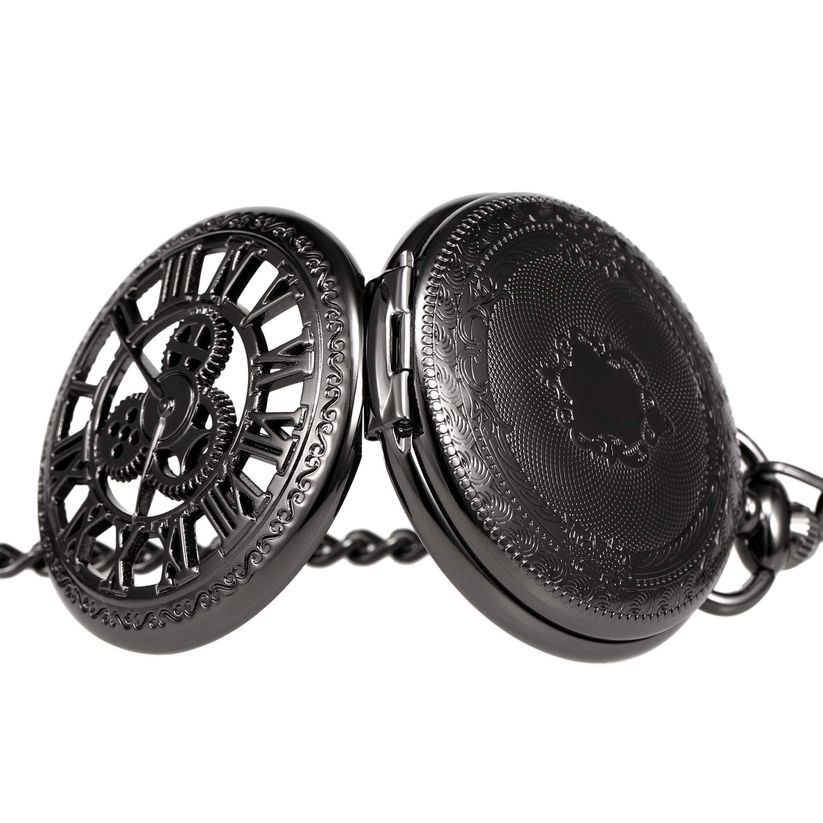 TREEWETO Pocket Watch Skeleton Hand-Wind Mechanical Double Case Roman Numerals Antique with Fob Chain Box