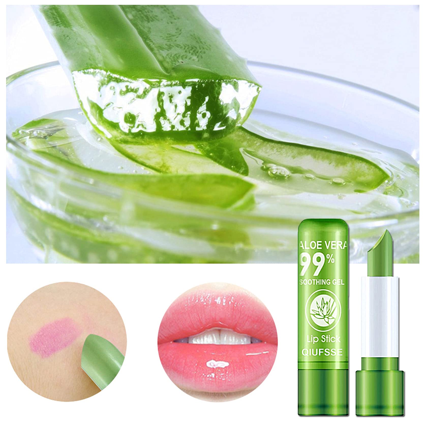 QIUFSSE Aloe Vera Lipstick, Moisturizing Aloe Lip Balm, Magic Temperature Color Change Lip Stain, Long Lasting Waterproof Lip Makeup