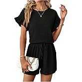 WDIRARA Women's 2 Piece Set Ruffle Short Sleeve Blouse and Drawstring Shorts Sets Casual Summer Outfits