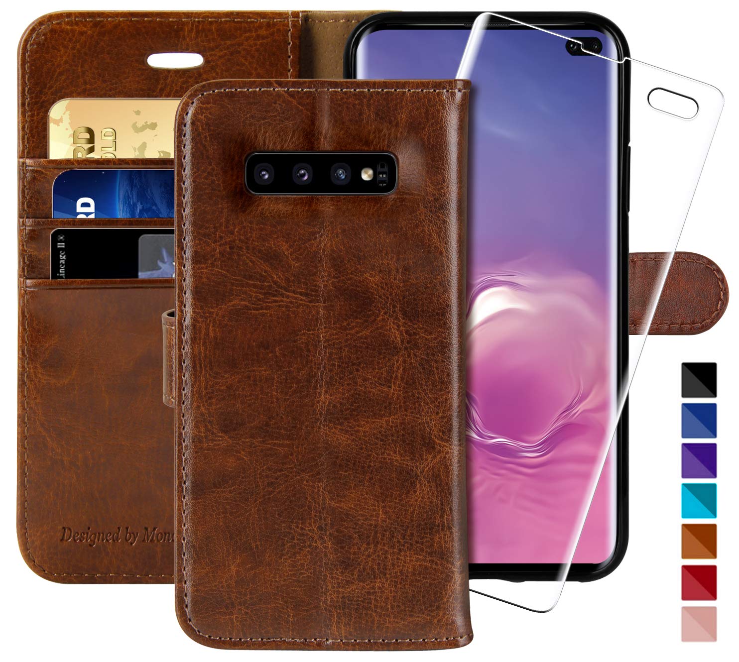 MONASAY Galaxy S10 Plus Wallet Case, 6.4 inch [Included Screen Protector] Flip Folio Leather Cell Phone Cover with Credit Card Holder for Samsung Galaxy S10 Plus,Brown