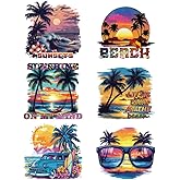 arricraft 6 Pcs Iron on Decals Patches, 6 Sizes Summer Beach Theme Iron on Stickers Coconut Trees Sunrise Hammock Heat Transfer Stickers Plastic Washable Patches for DIY Clothes Decor Backpacks Cover