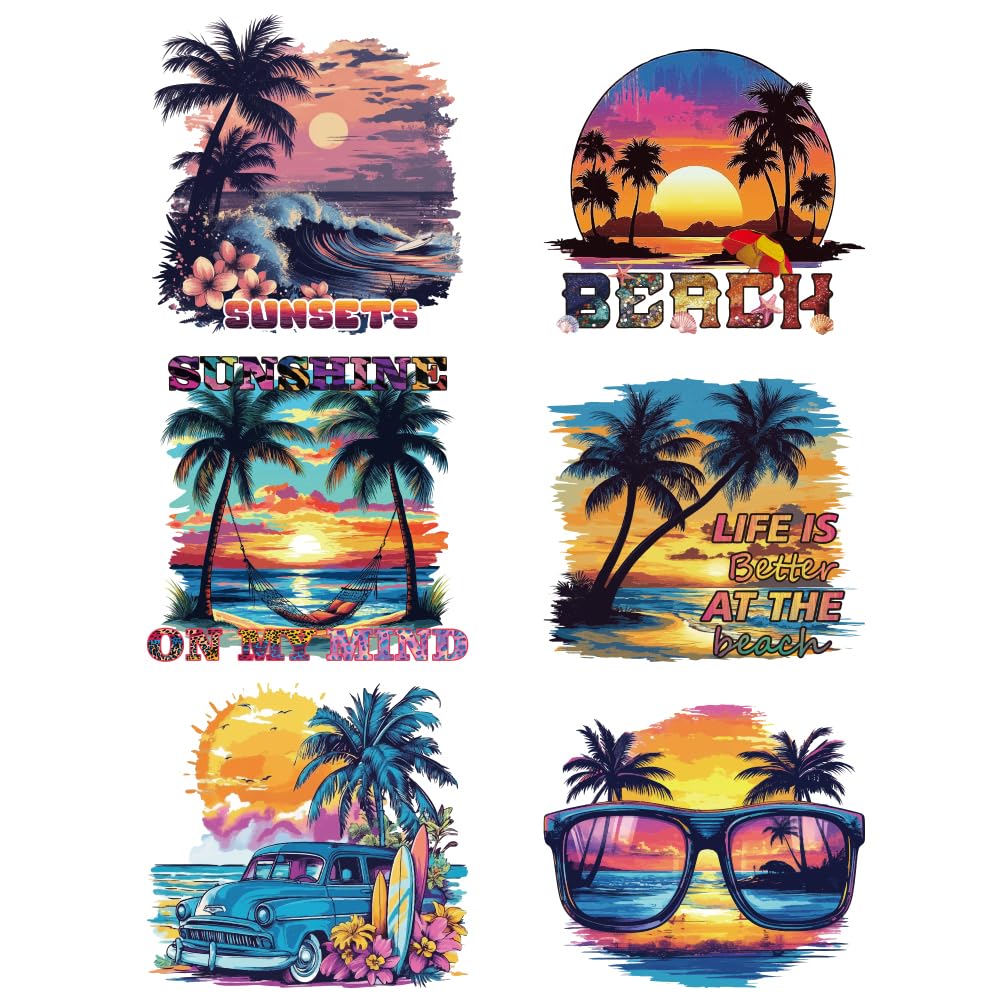 Photo 1 of arricraft 6 Pcs Iron on Decals Patches, 6 Sizes Summer Beach Theme Iron on Stickers Coconut Trees Sunrise Hammock Heat Transfer Stickers Plastic Washable Patches for DIY Clothes Decor Backpacks Cover