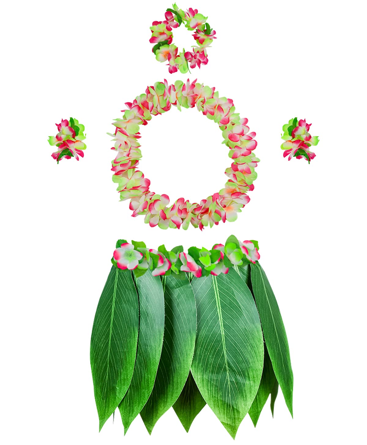 PIXHOTUL Leaf Hula Skirt with Hawaii Leis Grass Skirt and Artificial Hibiscus Flowers Costume for Beach Hawaiian Luau Tiki Party (Color 8)