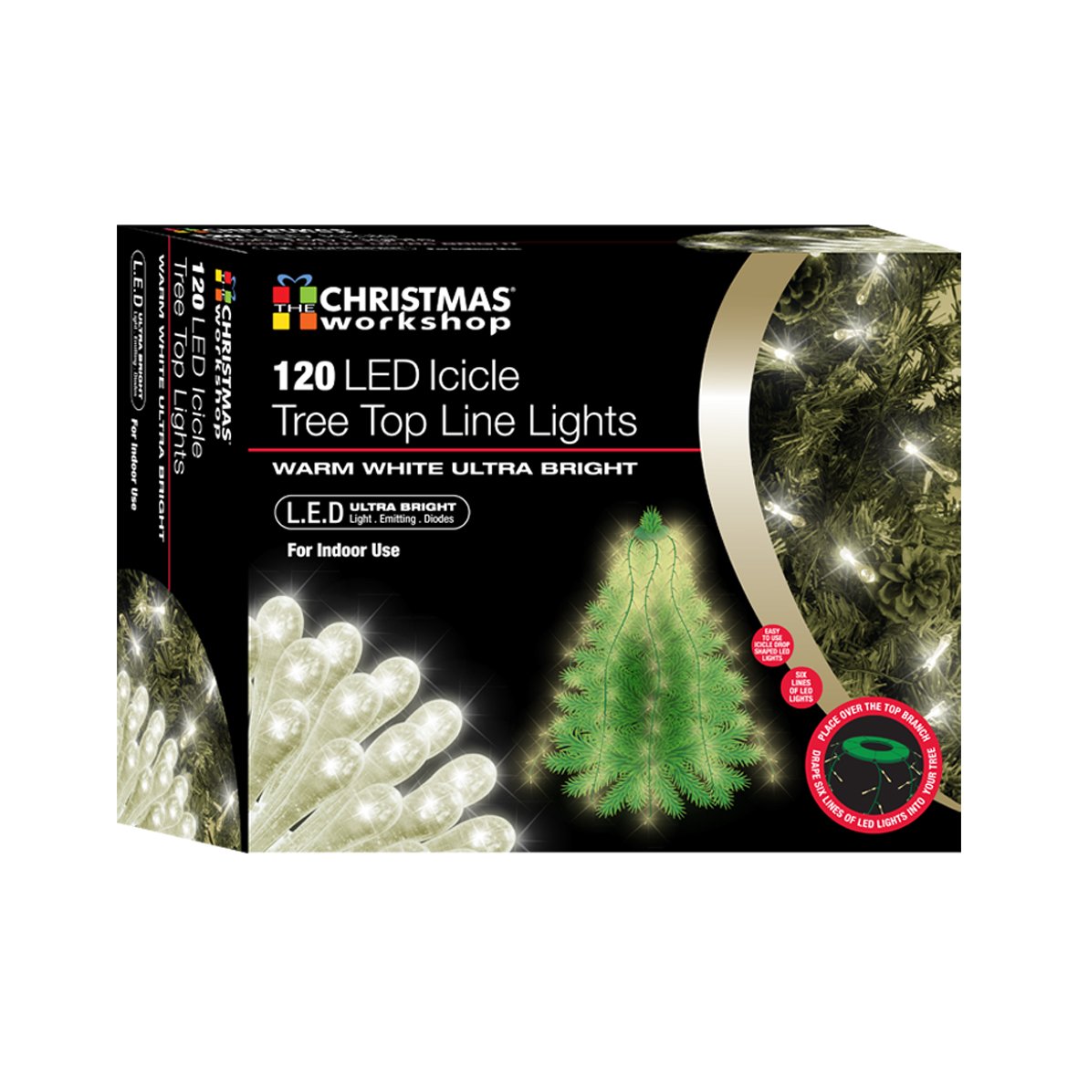 Christmas Workshop 120 Acrylic Icicle Drops Tree Top String Lights Warm White, Metal
