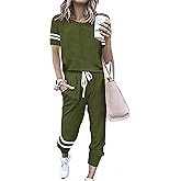 PRETTYGARDEN Women Summer Two Piece Outfits Striped Short Sleeve Pullover and Long Pants Tracksuit Travel Pajama Lounge Set