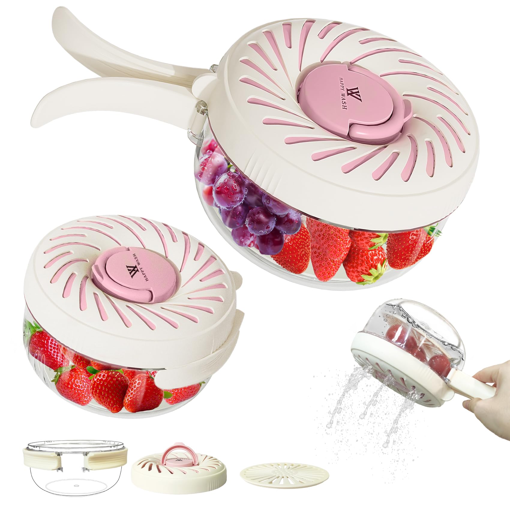 Photo 1 of 2 Pcs, Fruit Washing Bowl with Strainer, fruit strainer container with lid, Portable Fruit Colander with Collapsible Handle, Strawberries Container Salad Stir for Kitchen Picnic, Large & Small