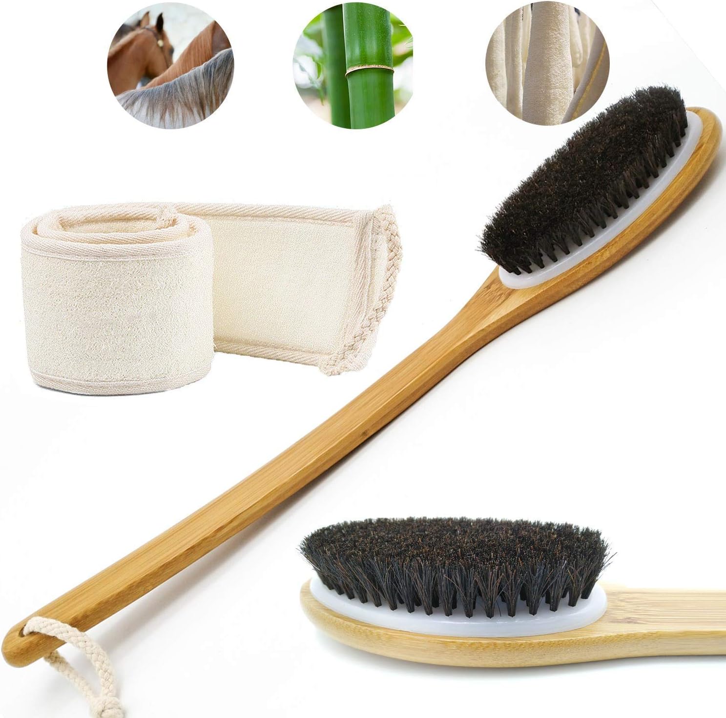 Dry Brushing Body Brush,18” Bath Brush Long Handle for Shower,Soft Horse Bristles For Cellulite and Lymphatic, Wet & Dry Brushing Exfoliating Skin, Loofah Back Scrubber Set Women Men Skin Care
