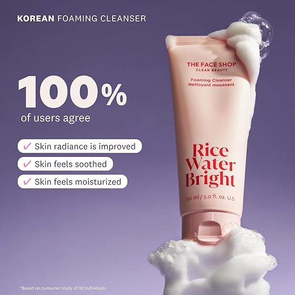 THE FACE SHOP RICE WATER BRIGHT FOAMING FACIAL CLEANSER WITH CERAMIDE, GENTLE FACE WASH FOR HYDRATING & MOISTURIZING, VEGAN FACE CLEANSER, MAKEUP REMOVER, KOREAN SKIN CARE FOR ALL SKIN TYPES, 300ML