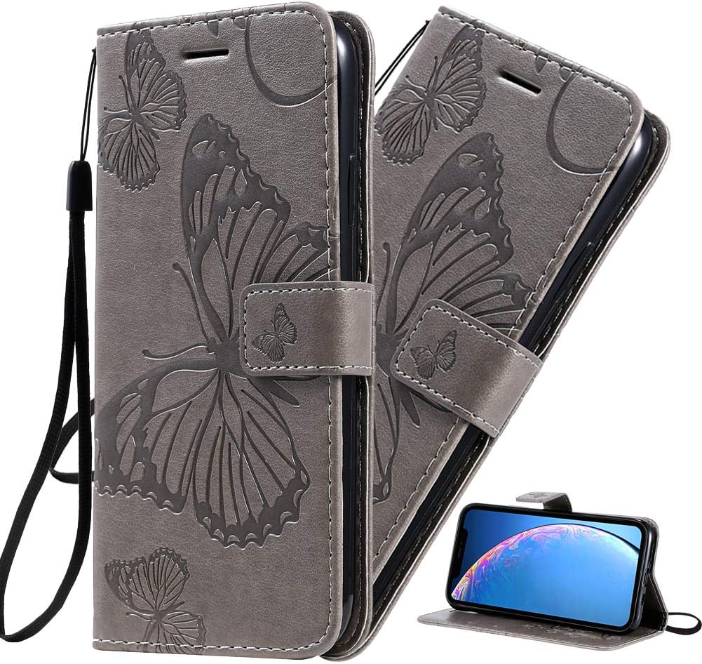 MRSTERUS Samsung Galaxy M30S Wallet Case,Butterfly PU Leather Wallet Purse Credit Card Holders,Magnetic Flip Folio TPU Soft Bumper Cover for Samsung Galaxy M30S Butterfly Gray KT