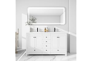 LUCKWIND 60" Bathroom Vanity with Sink, Modern Painted Bathroom Storage Cabinet with Ceramic Basin Sink Top, Faucet and Drawers, Mirror is Not Included, White