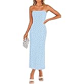 ZESICA Women's 2026 Summer Floral Strapless Bodycon Midi Dress Off Shoulder Tube Beach Wedding Guest Party Long Dresses