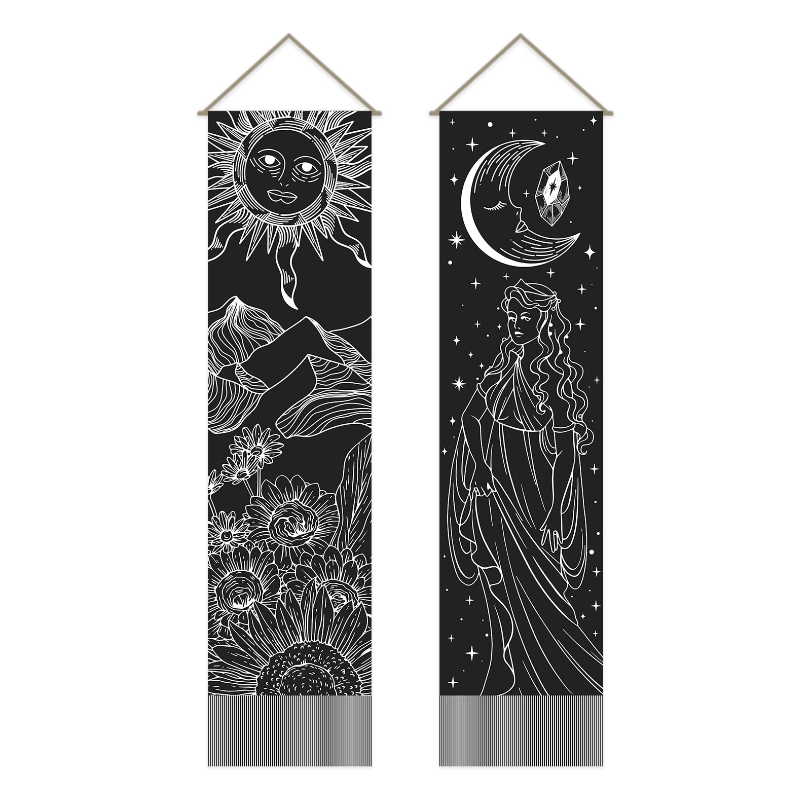 AHANDMAKER 2 Pcs Tarot Theme Pattern Tapestry, Sun and Moon Tapestry Psychedelic Tapestry Wall Hanging Art Mystic Gothic Wall Decoror for Living Room and Bedroom(51.18x12.99 inch)