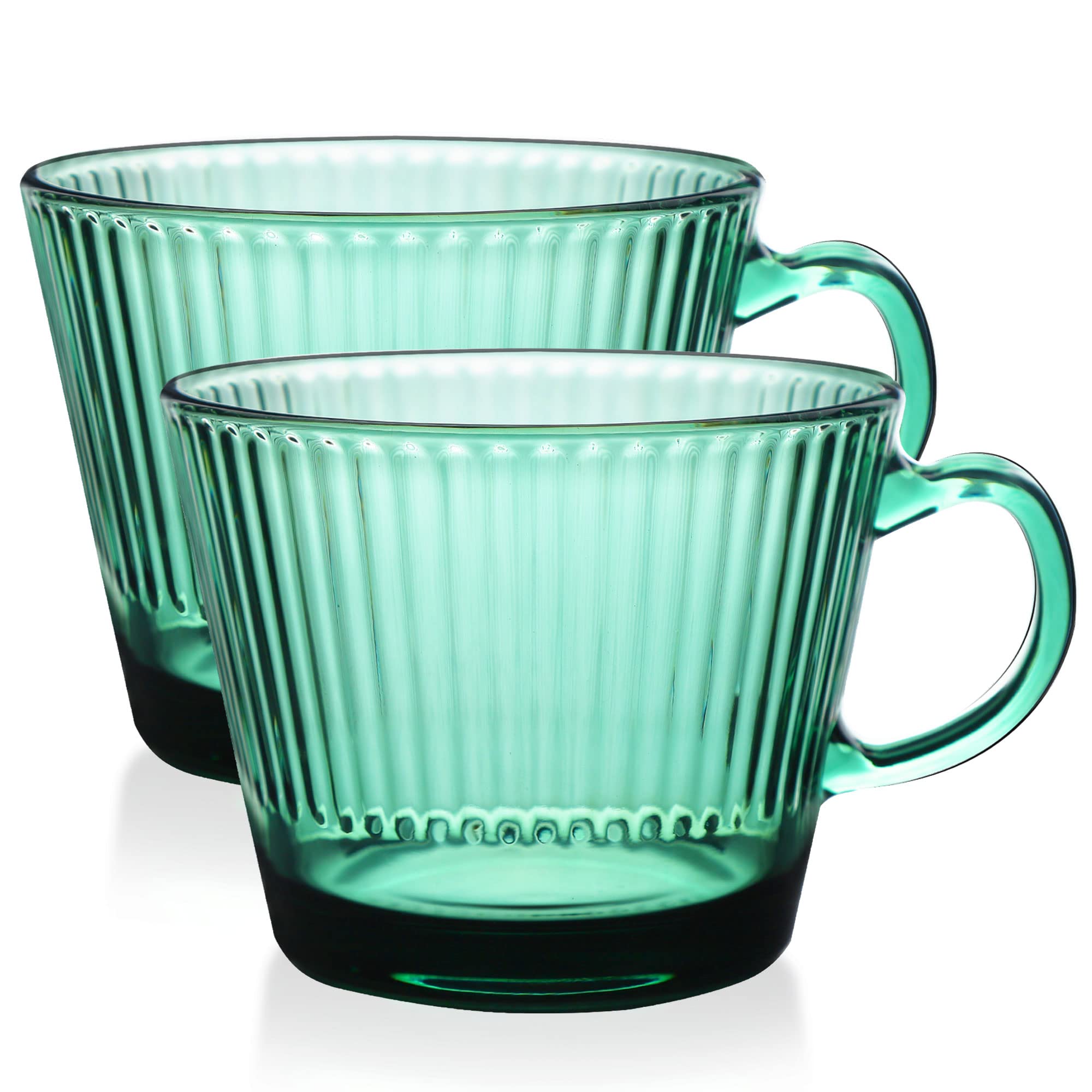 Photo 1 of WHJY Ember Glass Coffee Mugs, Stripes Green Glass Cups, Set of 2 Stackable Coffee Cups, Tea Cups, Vintage Mugs for Cappuccino, Latte, Cereal, Beverages,14 oz - Green