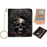 ANNAMISSI Wallet Women Small Cute,Slim Bifold Credit Card Holder, Compact RFID Blocking Cash Wallet,Billfolds Thin Leather Zipper Pocket,Mini Wallet for Ladies Teen Girls Travel (Rose Skull)