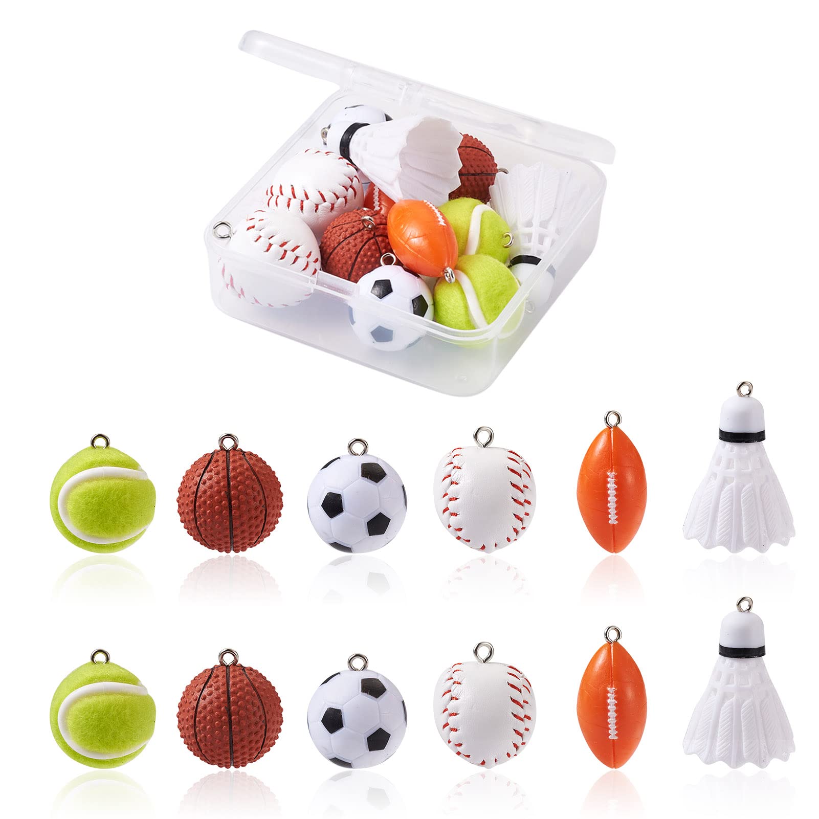 PandaHall 12pcs Plastic Sport Ball Charms Tennis Rugby Football Baseball Basketball Badminton Pendants for Keychain Jewelry Crafts Hanging Ornament
