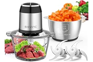 DEVINC Food Processors, Mini Meat Grinder & Veggie Chopper with 2 Bowls (8 Cup+8 Cup), Electric Food Chopper with 2 Sets of Bi-Level Blades for Meat, Vegetables, Fruits and Nuts