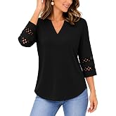 Joywayco Women's Split V Neck 3/4 Lace Sleeve Blouse Summer Casual Loose Fit Tops