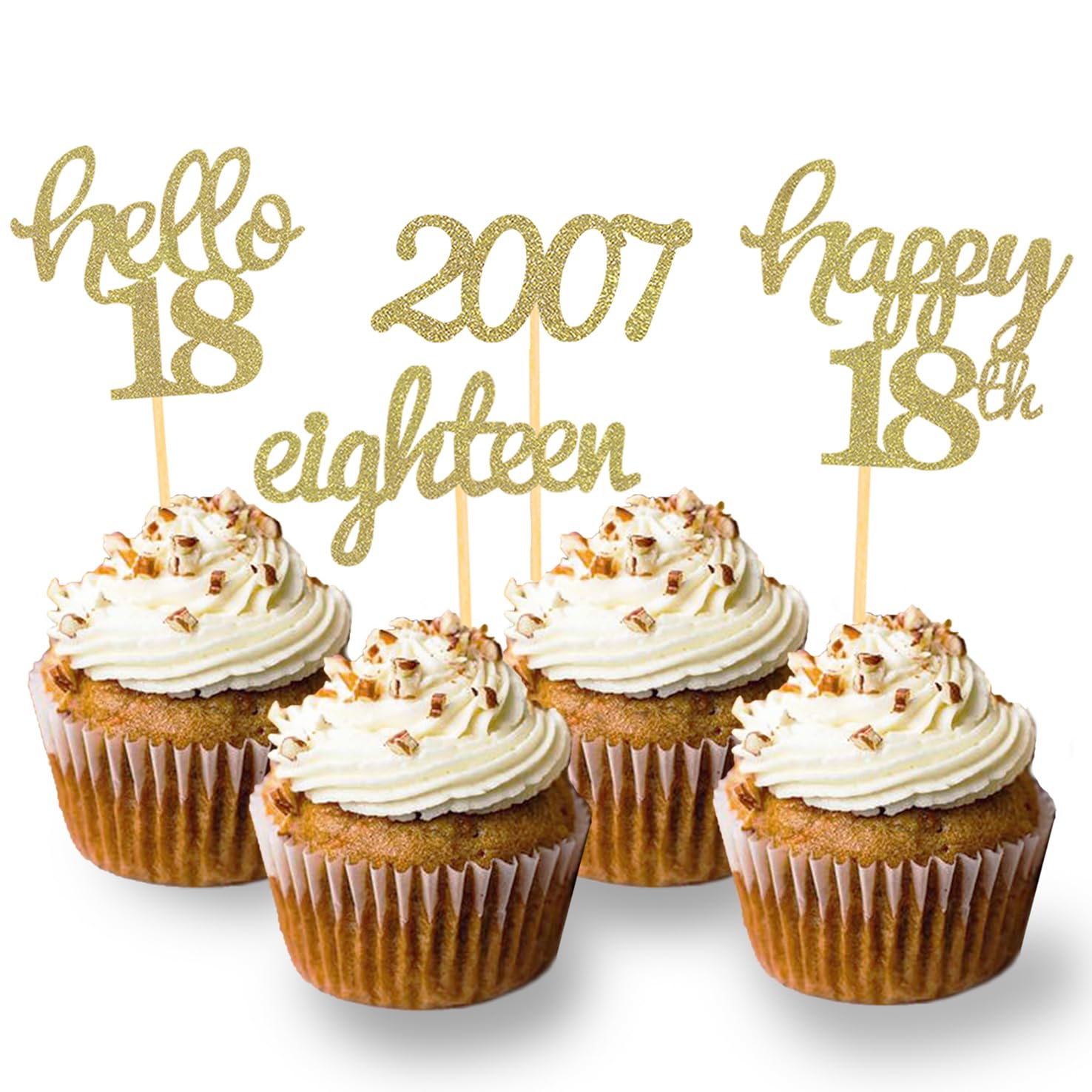 Photo 1 of 24 Pcs Glitter 18th Birthday Cupcake Toppers for Celebrating 18th Birthday Party Decorations for Eighteen Years Old Birthday Party Supplies (Gold)
