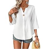 Floerns Women's Casual 3/4 Length Sleeve Blouse Top Notched Neck Loose Work Shirts
