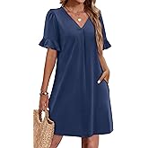 OFEEFAN Summer Dresses for Women Ruffle Short Sleeve V Neck Casual Shift Dress with Pockets