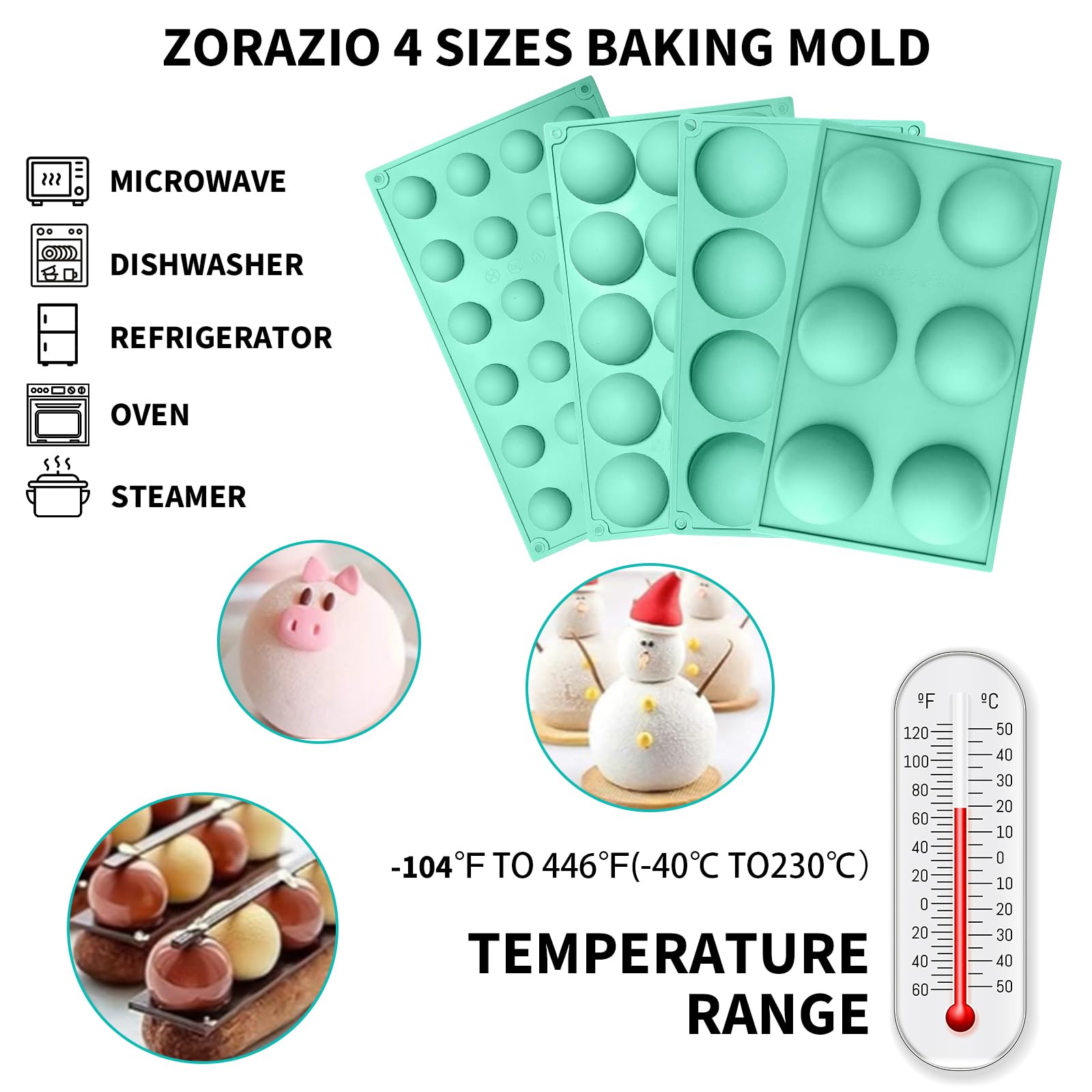 Zorazio Semi Sphere Silicone Chocolate Mold，Half Sphere Silicone Baking Mold,Semi Circular Silicone Mold for Making Chocolate, Cake, Jelly, Dome Mousse (6,8,15,24 Cavity), Green, Z-005