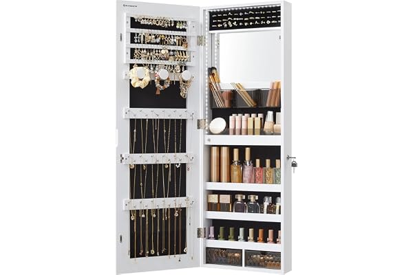 SONGMICS Jewelry Cabinet Armoire with Built-in Lighted Mirror, Wall or Door Mount Storage Organizer, White UJJC013W01