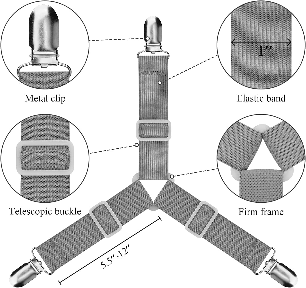 ACEDÉCOR Bed Sheet Holder Straps, Adjustable Triangle Elastic Mattress Sheet Corner Clips Suspenders Grippers Fasteners Sheet Keeper(4 Pcs Grey): Home & Kitchen