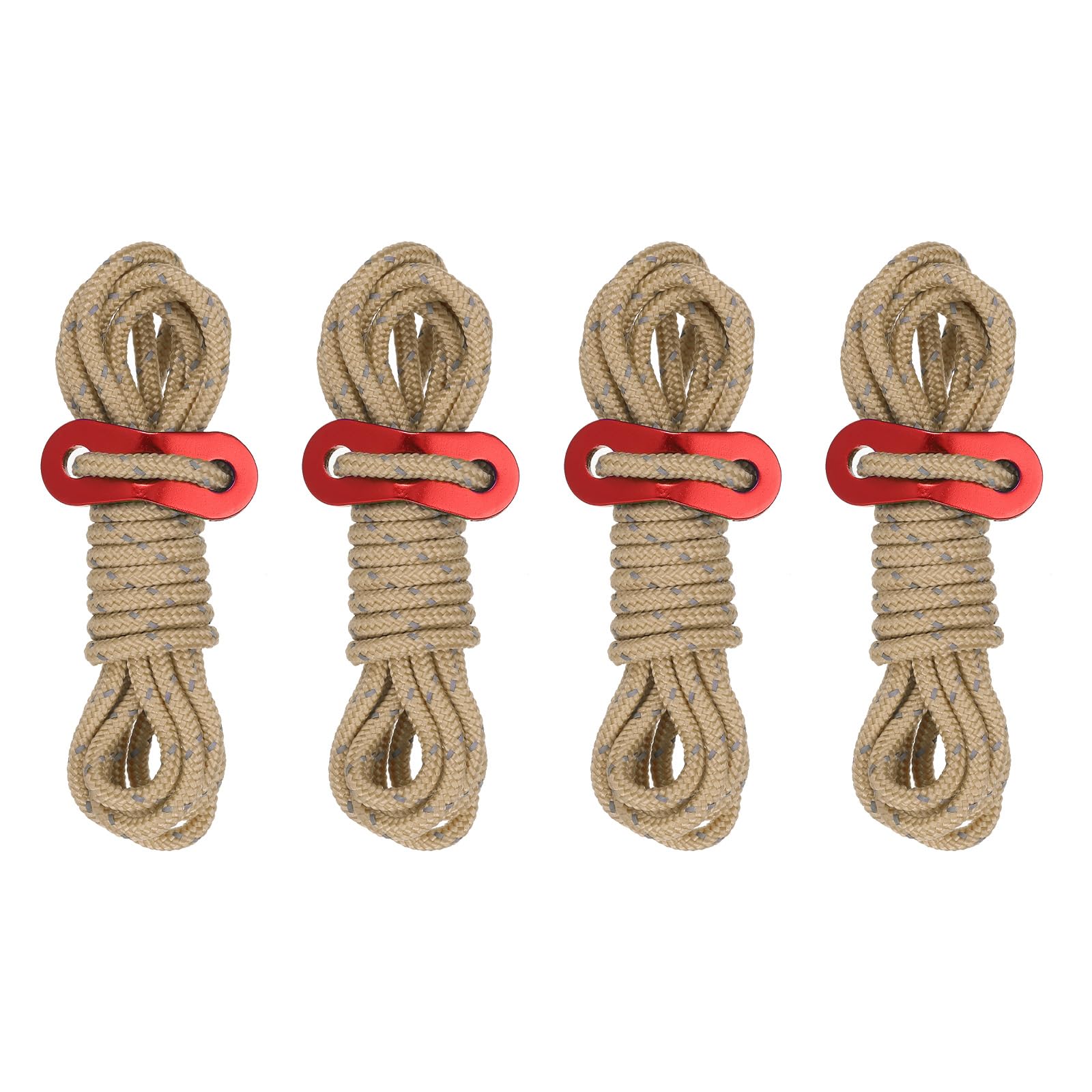 PATIKIL 4mm Tent Rope, 4 Pack 6.5ft Reflective Guyline Cord Tied Downs Rope Paracord Cord Camping Ropes with Red Aluminum Cord Adjusters for Camping Hiking Tent, Tan
