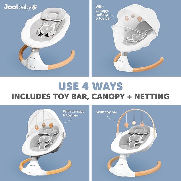 JOOL BABY NOVA NATURE BABY SWING FOR NEWBORNS WITH NATURAL WOOD TOYS, ELECTRIC MOTORIZED INFANT SWING, BLUETOOTH MUSIC, REMOTE (GRAY)