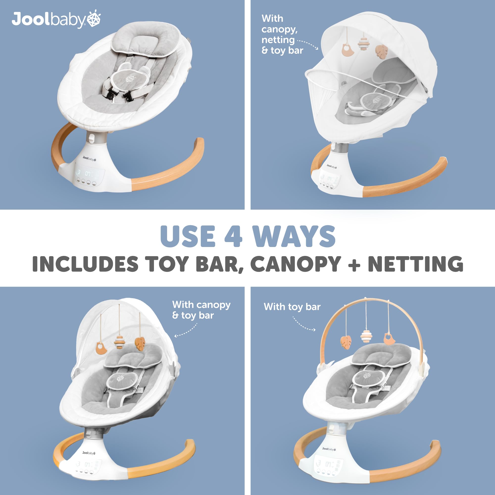 Jool Baby Nova Nature Baby Swing for Newborns with Natural Wood Toys, Electric Motorized Infant Swing, Bluetooth Music, Remote (Gray)