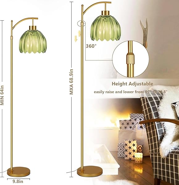 QIYIZM GREEN FLOOR LAMP FOR LIVING ROOM,BEDROOM,GOLD DIMMABLE STANDING LAMP WITH REMOTE,MID CENTURY MODERN BRASS TALL LAMP BOHO FLOOR LAMPS ARC STAINED GLASS FLOWER LIGHT BOHEMIAN
