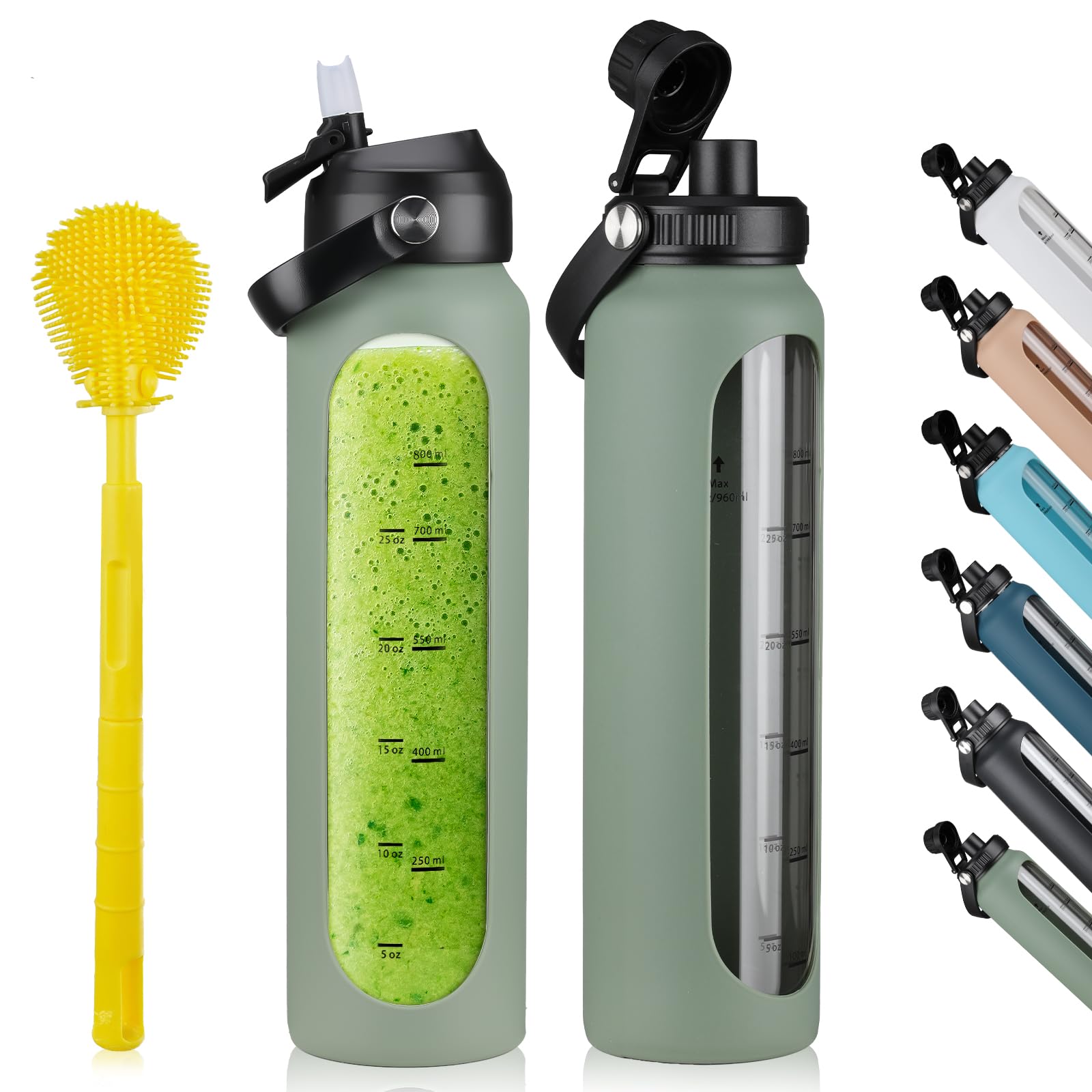 Photo 1 of 32 oz Glass Water Bottles with 2 Lids-Handle Spout Lid & Straw Lid 1 Liter Motivational Borosilicate Water Bottle with Silicone Sleeve and Time Marker,Leakproof