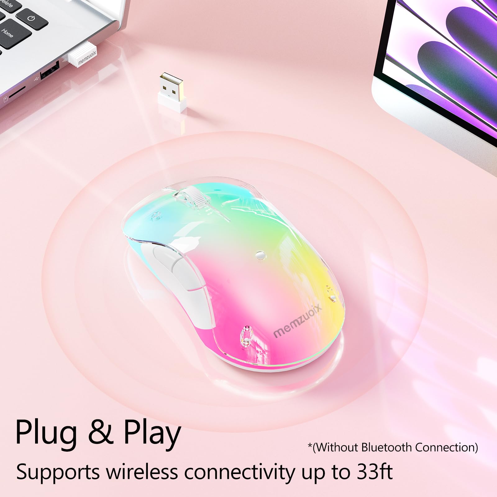 memzuoix 2.4G LED Wireless Mouse, Rechargeable Ergonomic Mouse with Detachable Cover, 1200 DPI Portable Optical Computer Mouse with USB Receiver for Laptop, PC, Desktop and MacBook, 5 Buttons-Pink