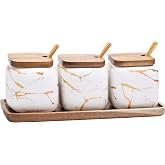 JFFLYIT 3 Pcs Sugar Bowls Ceramic Coffee Jar Set Ceramic Seasoning Jar with Lid Spoon and Tray/Food Storage Canister