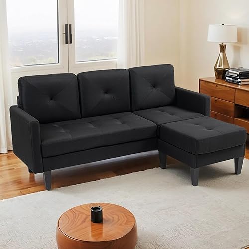 FONTOI Small L Shape Couch, Modular Boneless, 3 Seat Convertible Couch for Apartments with Ottoman, Sectional Sofa for Small Spaces for Living Room Office, Black